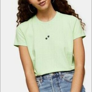 Topshop NWT Lime Green Embroidered Paw Print Motif Short Sleeve Shirt - Size 12